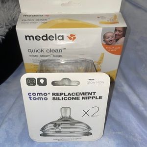 Brand NEW Medela quick clean steam bags and Como Tomo slow flow nipples.